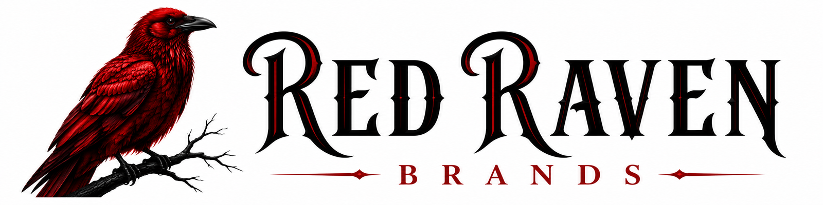Red Raven Brands logo with a realistic red raven and gothic black and red lettering